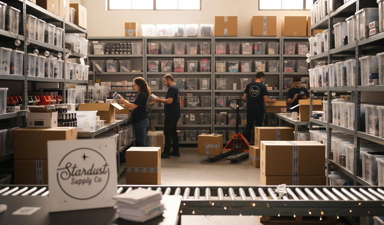 E-commerce warehouse with workers doing their jobs.